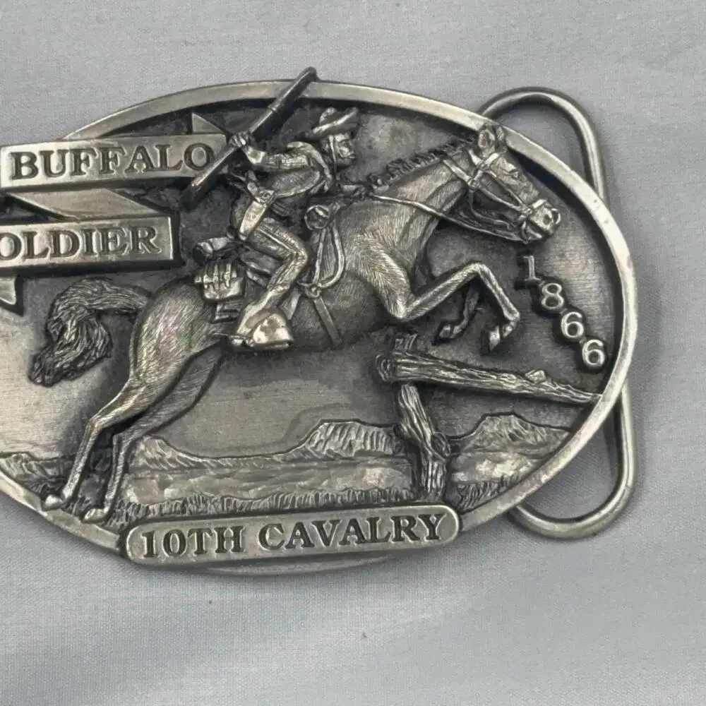 VTG African American Chronicle Belt Buckle Silver Buffalo Soldier 10th Cavalry
